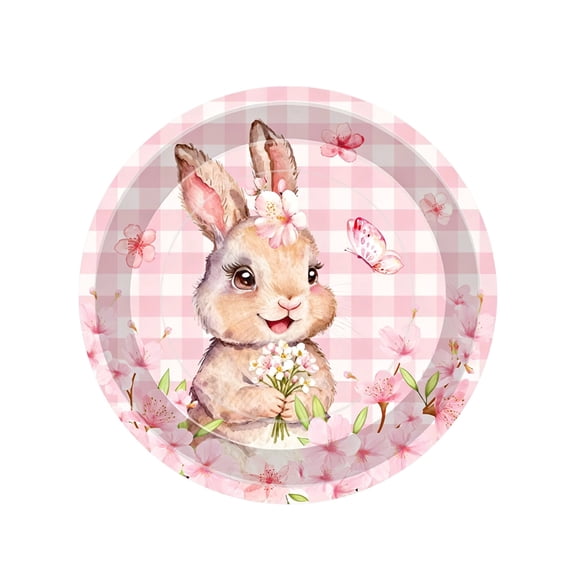 Yanxiao 10PCS Easter Decor Paper Plates, 7" Pink Easter Bunny Themed Disposable Paper Plate, Easter Decorations with Flower Pattern Tableware, Spring Easter Party Tableware for Kids Adults