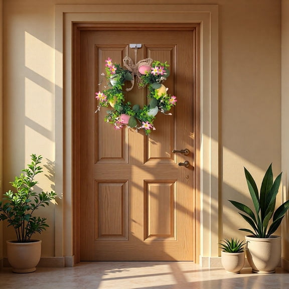 Yanxiao 12" Easter Floral Wreath, Spring Wreath with Pastel Eggs, Pink Daisies & Burlap Bow, Festive Easter Decor for Front Door, Wall, Mantel, Indoor & Outdoor Holiday Display