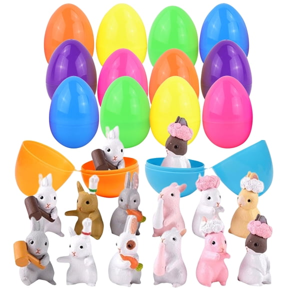 Yanxiao 12PCS Prefilled Easter Eggs with Mini Bunny Figurines, Colorful Plastic Eggs Filled with Decorative Rabbit Figures for Easter Egg Hunt, Basket Stuffers & Table Decor