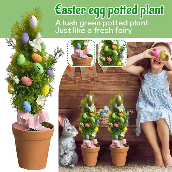 Yanxiao 13" Easter Egg Potted Tree, Artificial Conical Easter Tree with Speckled Eggs & Floral Accents, Terracotta Pot Tabletop Decor for Home, Easter Party & Spring Holiday Display A