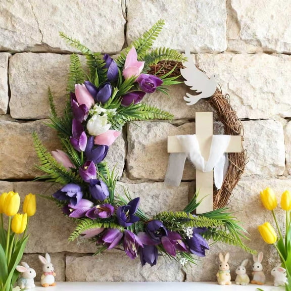 Yanxiao 15.7" Religious Easter Tulip Wreath, Spring Decor with Cross, Dove & Purple Floral Blooms, Festive Easter Decor for Door, Wall, Church, Indoor & Outdoor Use