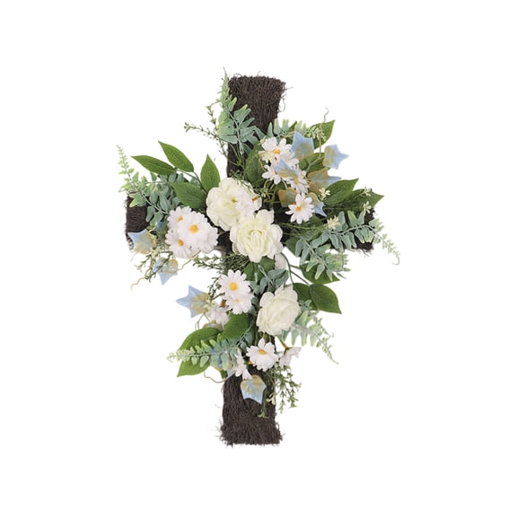 Yanxiao 18" Easter Cross Wreath, Floral Easter Decor with Artificial White Roses, Daisies & Eucalyptus, Farmhouse Spring Wall Decor for Front Door, Porch, Indoor & Outdoor Holiday Display