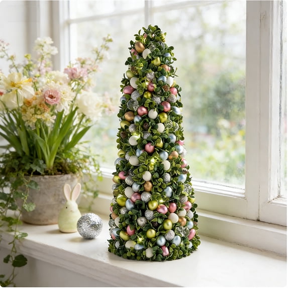 Yanxiao 19.5" Easter Cone Tree, Artificial Boxwood Topiary with Pastel & Glitter Easter Egg Ornaments, Spring Holiday Tabletop Decor for Home, Easter Party & Window Sill Display