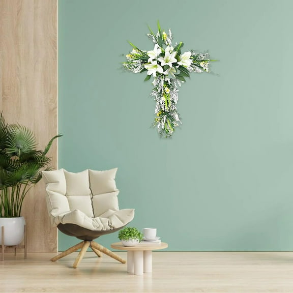 Yanxiao 19.7" Easter Cross Wreath, Spring Wreath for Front Door with Artificial White Lilies & Cascading Greenery, Festive Easter Decor for Porch, Wall, Mantel, Indoor & Outdoor Holiday Display