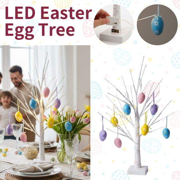 Yanxiao 23.6" LED Easter Egg Tree With Warm Lights, Lighted Birch Tree with 8 Colorful Easter Egg Ornaments, Battery-Powered Easter Tabletop Decor for Home, Easter Party & Spring Holiday Display