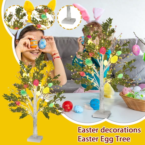 Yanxiao 24" LED Easter Egg Tree, Lighted Birch Tree with Green Foliage & Cracked Easter Egg Ornaments, Battery-Powered Easter Tabletop Decor for Home, Easter Party & Spring Holiday Centerpiece