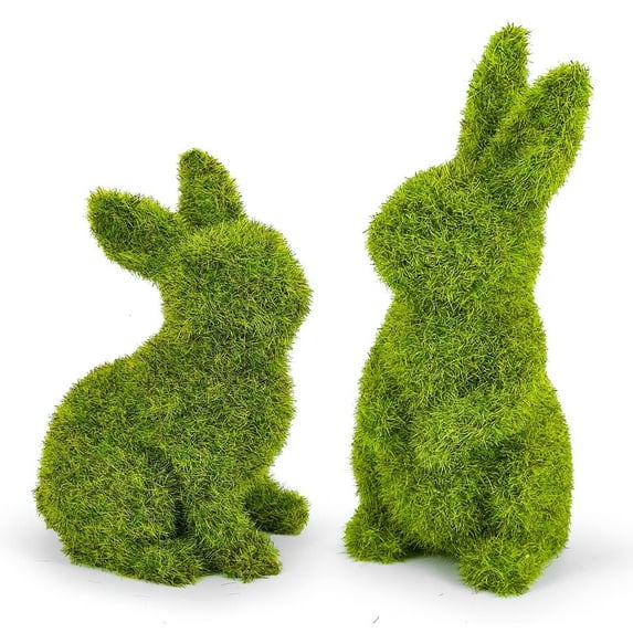 Yanxiao 2PCS Moss Flocked Bunny Silhouettes - Lifelike Green Rabbit Figurines for Easter Spring Home Decor, Indoor Tabletop, Outdoor Garden & Holiday Displays