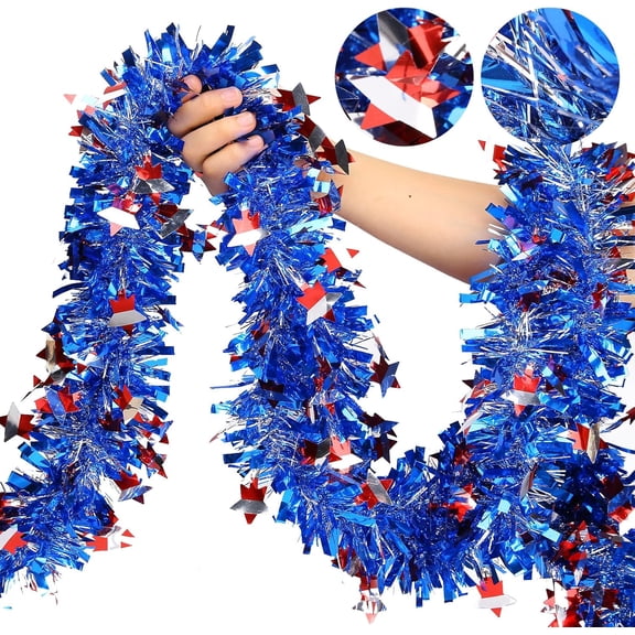 Yanxiao 4th of July Garland Patriotic Decorations, 6.56Ft Metallic Tinsel Twist Independence Day Party Supports, 4th of July Decor for Parade Float, Party Table, Door, Indoor Outdoor Holiday Home