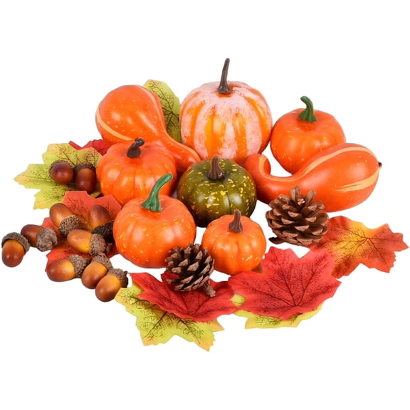 Yanxiao 50PCS Artificial Mini Pumpkins Decor Set, Fall Pumpkins Decoration 8 Mini Pumpkins, 2 Pinecones, 10 Hazelnuts, 30 Maple Leaves for Table Centerpieces, Fall, Thanksgiving & Halloween DIY