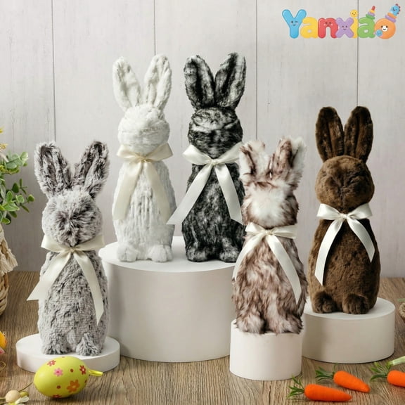 Yanxiao 5PCS Easter Flocked Bunny Decorations, 12.6" Soft Flocked Easter Bunny Ornaments with Bow Ties, Spring Easter Fluff Bunny Figurines for Home, Indoor and Party Decorations