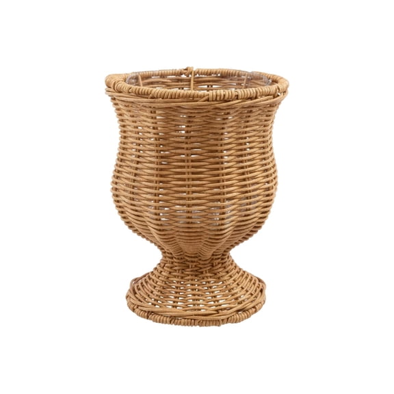 Yanxiao 9.8" Wicker Pedestal Planter, Rattan Beige Handwoven Synthetic Rattan Plant Pot, Indoor Outdoor Decorative Flower Basket for Houseplants, Floral Arrangements & Boho Home Decor