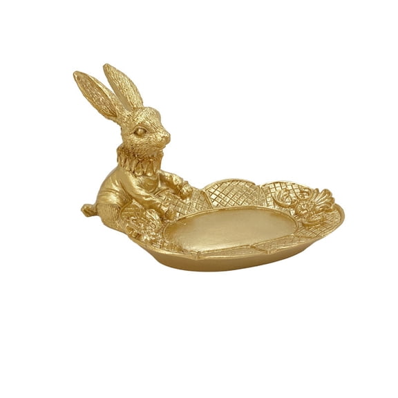 Yanxiao Golden Easter Bunny Figurine with Trinket Tray, Sitting Resin Rabbit Statue for Home Tabletop Mantel Shelf, Premium Gold Easter Decoration for Spring Holiday Display