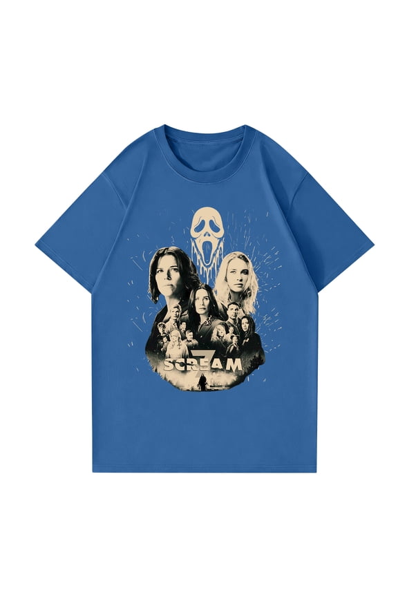 Scream Ghostface Shirts,Movie Scream Merchandise T-Shirt Casual Crew Neck Short Sleeved Unisex Shirts, Scream 7 Ghostface Printed Summer Tops for Ghostface Halloween Scary Movie Fans, Blue/M