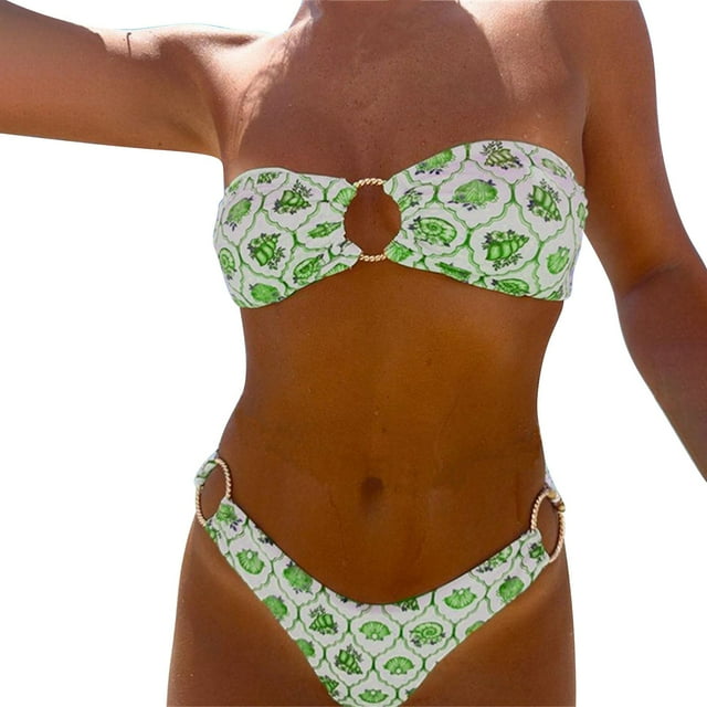 Yanyanz Bestselling Swimsuit, Women's 2 Bandeau Swimsuit Boho Ring Strapless High Cut Bikini Sets Bathing Suit, Bathing Suit for Women, Modest Swimsuits for Women, GN2 L