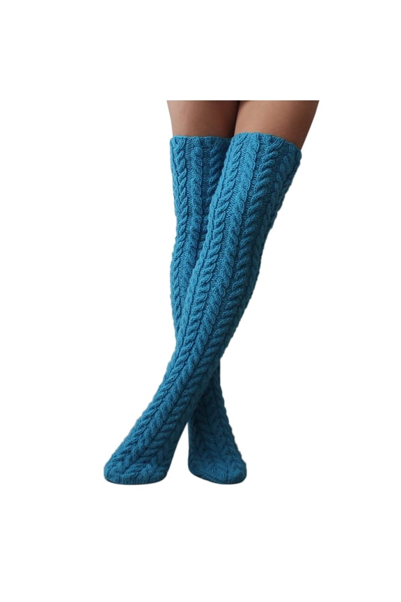 Compression Socks, High Stockings for Womens Cable Knit Extra Long Boot Socks Over Knee Thigh Stocking Leg, Socks Blue One Size