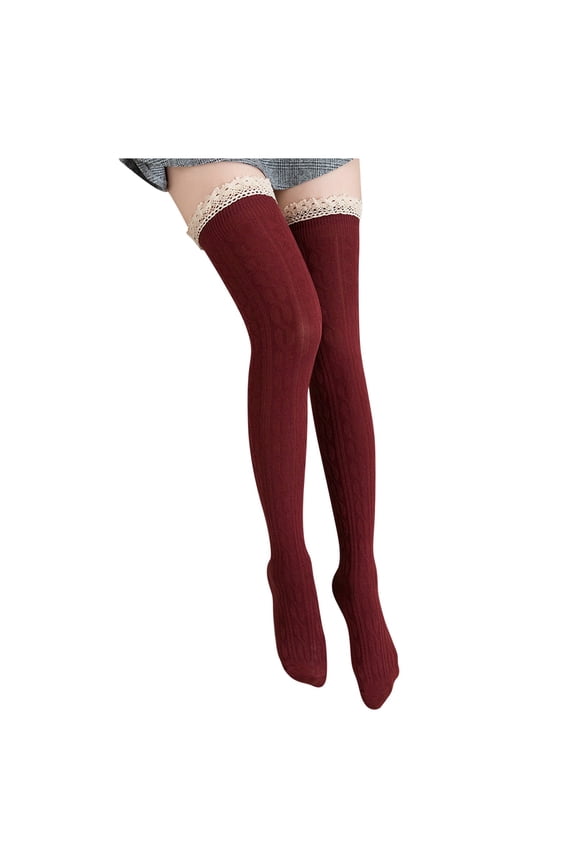 Compression Socks, Knit Solid High Women's Splice Lace Socks Stocking Stocks Long Socks, Socks Red One Size