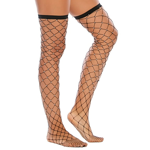 Yanyanz Compression Socks, Shiny Hot Drilling Fun Hollow Large Mesh Stockings Knee Length Drill Stockings, Socks Black One Size