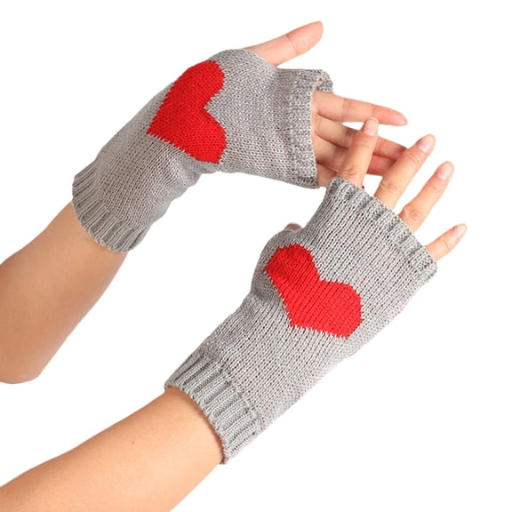 Yanyanz Gloves Mittens, Women's Solid Color Heart Pattern Missing Half Finger Warm Knit Gloves, Gloves A A