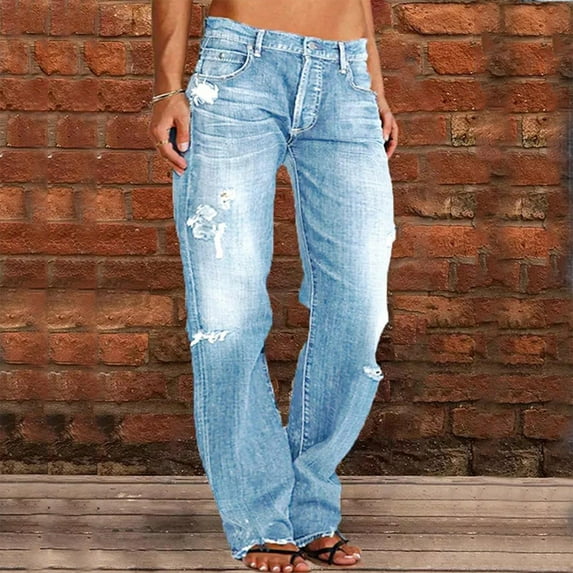 Yanyanz Jeans for Women,Straight Leg Jeans for Women Ripped Low Waisted Jeans for Women Straight Leg Jeans for Women Ripped Jeans Womens Clearance Light Blue M