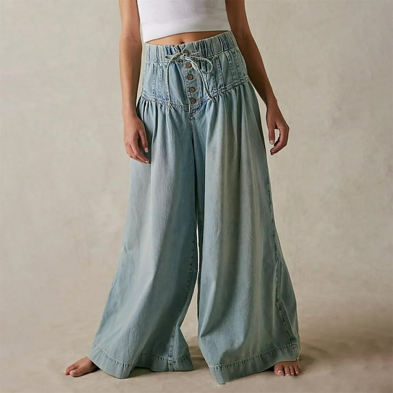 Yanyanz Jeans for Women,Women Pleated Baggy Jeans Elastic Waist Wide Leg Denim Pants Palazzo Cargo Barrel Jeans Drawstring Casual Dresses for Women Casual Pants for Women Clearance Light Blue 3Xl