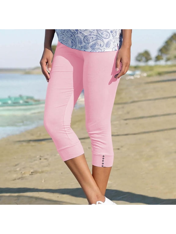 Leggings for Women,Capri Leggings for Women High Waisted Stretchy Yoga Athletic Leggings Button Knee Length Summer Capris Pants Pants for Women Trendy Casual Dresses for Women Clearance Pink
