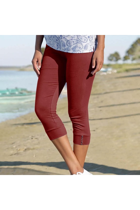 Leggings for Women,Capri Leggings for Women High Waisted Stretchy Yoga Athletic Leggings Button Knee Length Summer Capris Pants Pants for Women Trendy Casual Dresses for Women Clearance Wine