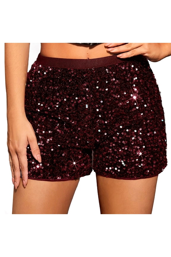 Shorts for Women, New Women's Fashion Shorts with High Waist Solid Color Night Time Slimming Effect True Sequin Women's Pants, The Big Short Red XL