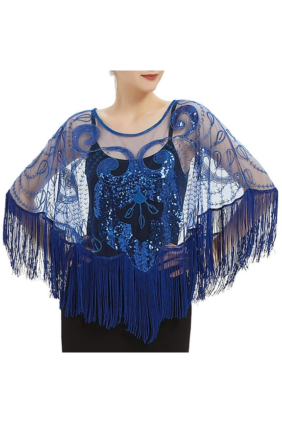 Summer Shawl, Women Fashionable Mesh Sequined Tassel Gown Shawl Elegant Beaded Smock Cape, shawls Blue One Size