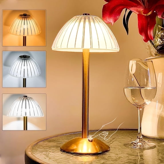Yanyu 12" Modern Cordless Brass Gold Table Lamp with White Pleated Acrylic Shade