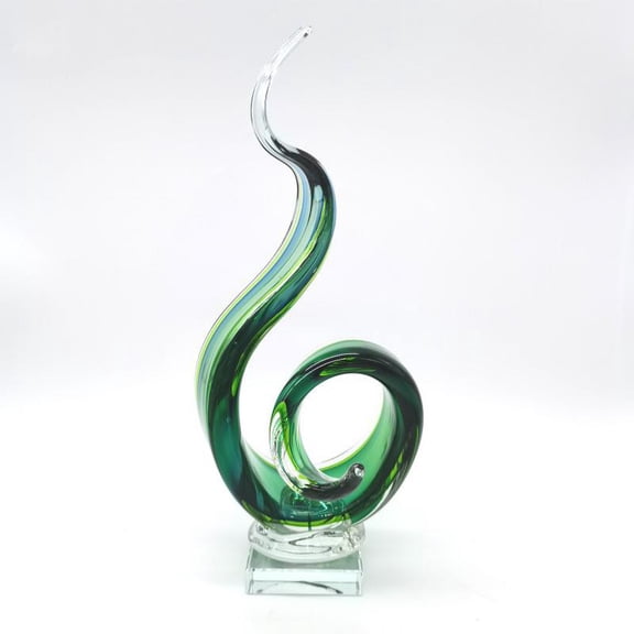 Yao Yuan Hand Blown Murano Style Glass Art Sculpture, Abstract Green Swirl Design, Decorative Glass Decor,14.96" Tall Mouth-Blown on Crystal Base