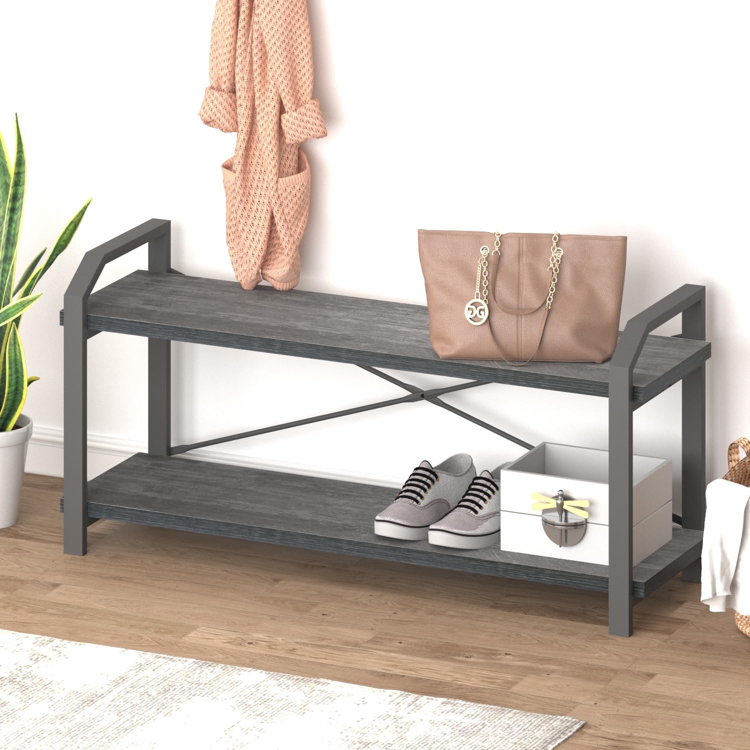 YaoRi Entryway Bench with Storage, Black Shoe Bench, Bedroom Bench