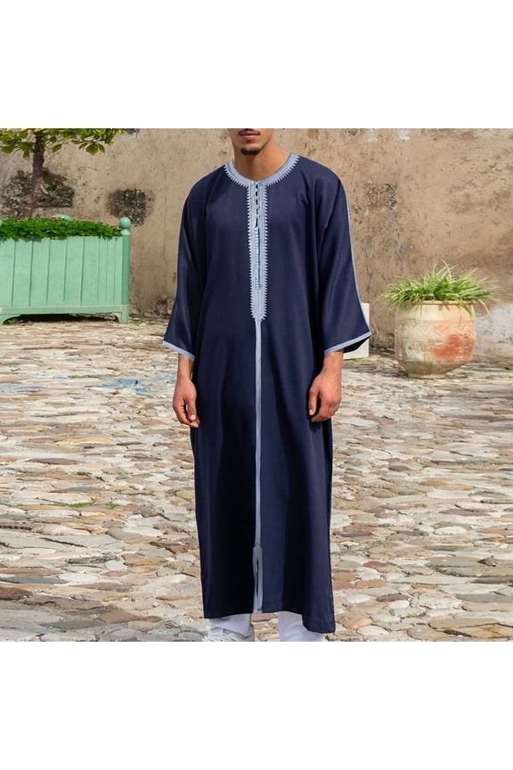 Men's Moroccan Style Long Sleeved Round Neck Embroidered Buckle Holiday Gift Giving Muslim Robe Prayer Kaftan Islamic Arabic Abaya