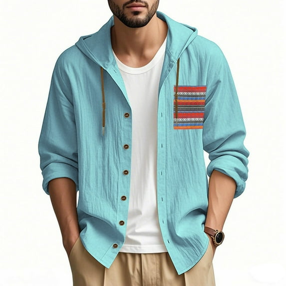 YaoYar Mens Cotton Linen Button Down Hoodies Fashion Casual Print Pocket Solid Hooded Long Sleeve Shirts