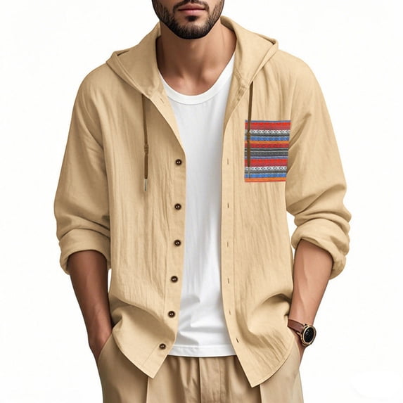YaoYar Mens Cotton Linen Button Down Hoodies Fashion Casual Print Pocket Solid Hooded Long Sleeve Shirts