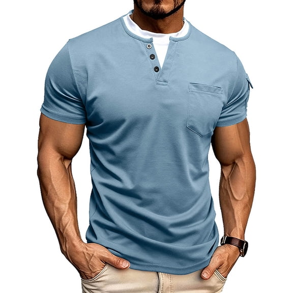 YaoYar Mens Fashion Solid Color Short Sleeved Fake Two Piece Design Casual Tee Double-layer Round Neck Pullover Pocket Casual Top