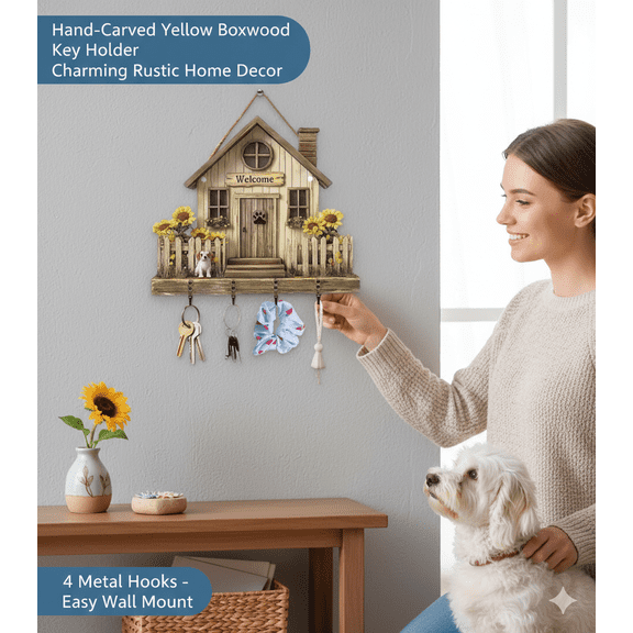 YaoZQ 1-Pack, Decorative Wall Hooks With Shelf. A Wooden House Key Holder For Wall. A Rustic Farmhouse Entryway Organizer & Hanging Shelf For Keys, Leashes & Mail.