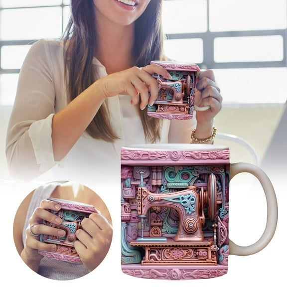 YaoZQ 1-Pack Sewing Machine Coffee Mug (11oz). A 3D, Embossed Style Novelty Cup For Women & Sewers. A Unique Gift For Crafters, Quilters & Seamstresses. A Ceramic Mug For Coffee & Tea.