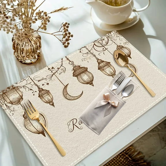 YaoZQ 1 pack Ramadan Kareem Linen Placemat 12"x18", Heat Resistant Dining Table Mat with Moon Lantern Print, Waterproof Non- Kitchen Decor for Eid Mubarak Iftar Party, 2026 Home Decoration