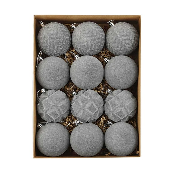 YaoZQ 12 Pc Gray Velvet Christmas Tree Ornaments,Plastic,3.15 Inch,Modern Flocked Assorted Ball Set for Winter Wonderland Holiday Decor