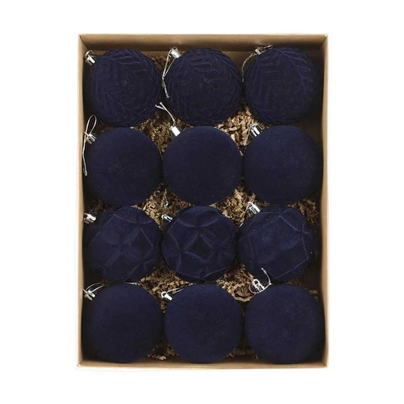 YaoZQ 12 Pc Navy Blue Flocked Christmas Ball Ornaments,Velvet and Plastic,3.15 Inch,Luxury Xmas Bauble Set for Elegant Holiday Tree Decor