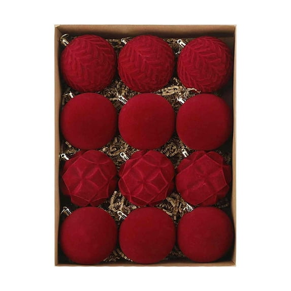 YaoZQ 12 Pc Red Flocked Christmas Ornaments,Plastic and Velvet,3.15 Inch,Luxury Assorted Ball Set for Holiday Tree and Wreath Decorations
