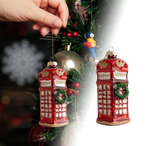 YaoZQ 1pc 5 in Glass Christmas Ornament, Handmade Blown Glass Telephone Booth, Red Hanging Decoration for Tree, Festive Holiday Home Decor, Vintage London Style Gift, Cute Collectible Ornament