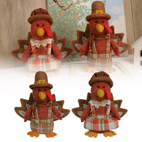 YaoZQ 2 PCS Thanksgiving Turkey Decorations Set Polyester,Brown and Orange,10 in,Plush Pilgrim Boy and Girl Figurines for Fall Harvest Tabletop and Autumn Farmhouse Mantel Shelf Sitter Decor