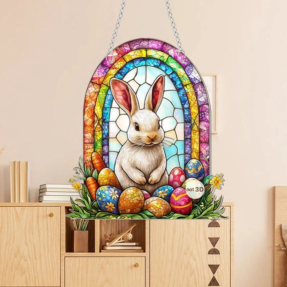 YaoZQ 2026 Easter Decorations Bunny Acrylic Hanging Ornament, Stained Glass Rabbit with Eggs Suncatcher, 7.9" 2D Spring Wall Window Decor for Home Bedroom Living Room