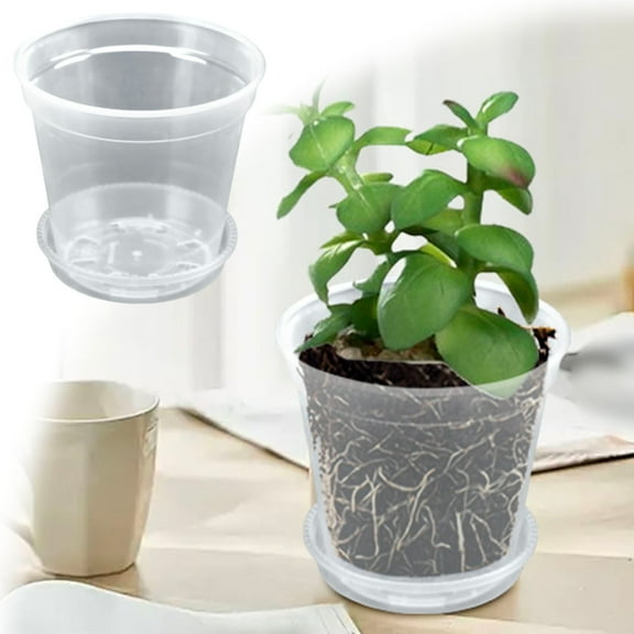 YaoZQ 5 Pack 4 inch Clear Nursery Pots with Saucers, Rigid Transparent Plastic Planters, Drainage Holes for Root Monitoring, Seed Starting Containers