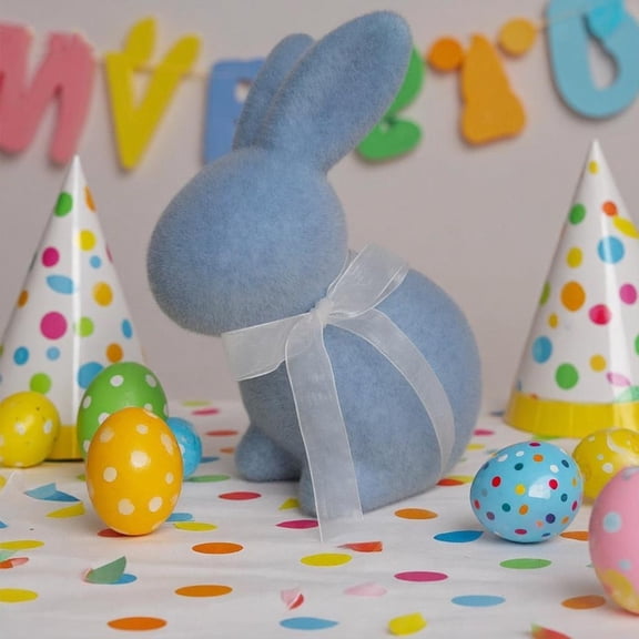 YaoZQ Blue Moss Rabbit Ornament, Flocked Easter Bunny Figurine Sitting with Ribbon Bow, Modern Farmhouse Spring Shelf Decoration, Blue, 9 x 7 in