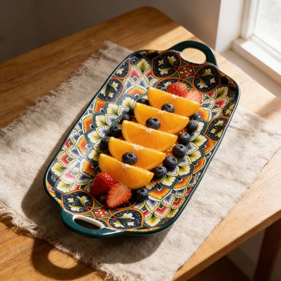 YaoZQ Blue Rectangular Ceramic Plate 12.6 inch Deep Steamed Fish Platter Microwave Safe Porcelain Serving Dish for Dinner Party