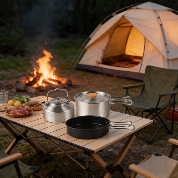 YaoZQ Camping Cookware Set, 304 Stainless Steel Outdoor Mess Kit with Pot and Pan, Portable Stackable Cooking Gear for Backpacking Hiking Picnic, Silver