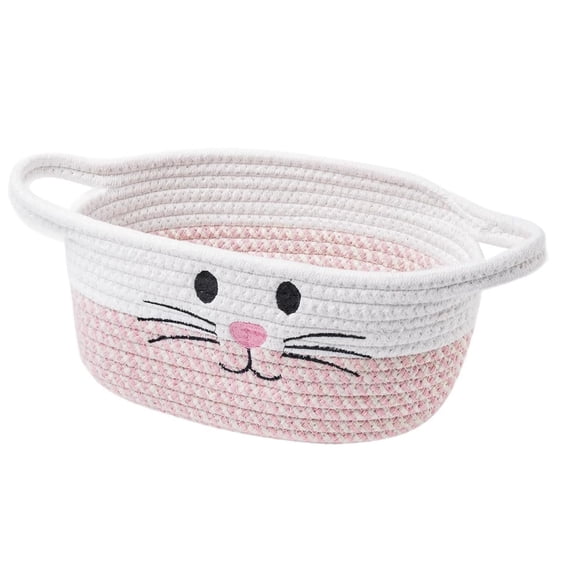 YaoZQ Cute Cat Ear Woven Storage Basket with Handles Style A, 12.2 inch Cotton Rope Bin for Easter Eggs Snacks, Kawaii Desktop Organizer, White Grey