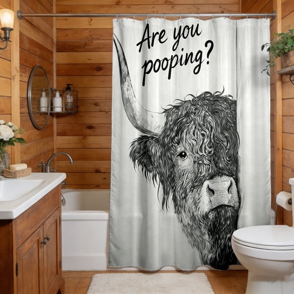 YaoZQ Funny Highland Cow Shower Curtain 35x71 inch, Are You Pooping Quote Farmhouse Bathroom Decor, Waterproof Polyester Stall Bath Curtain
